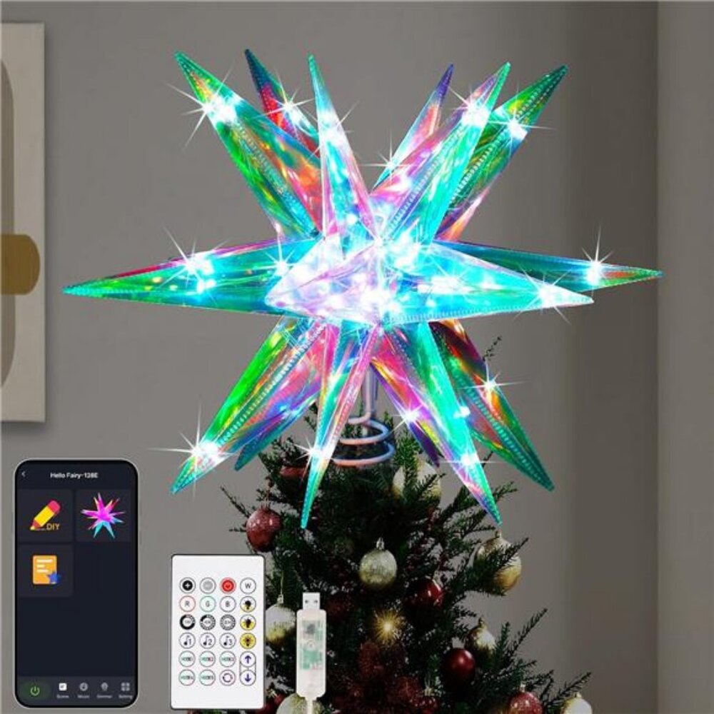 Christmas Tree Topper, 13.8" Smart Tree Decor, Crystal-Like 3D Polygonal Shell